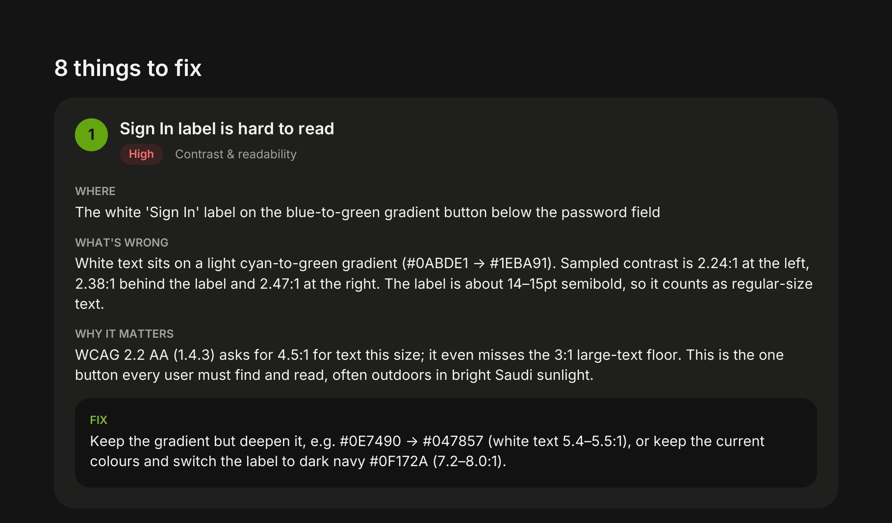 Detailed fix recommendation for a contrast issue