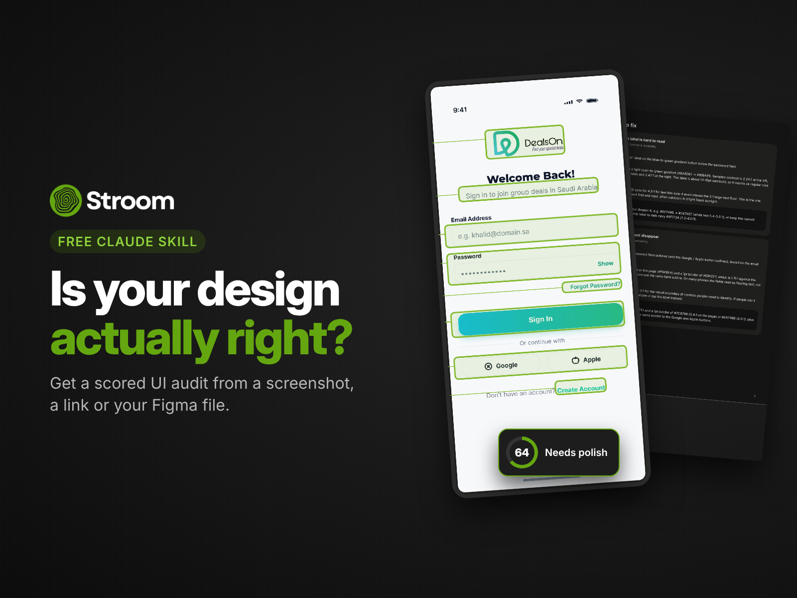 Example UI audit of a mobile sign-in screen, scored 64 out of 100