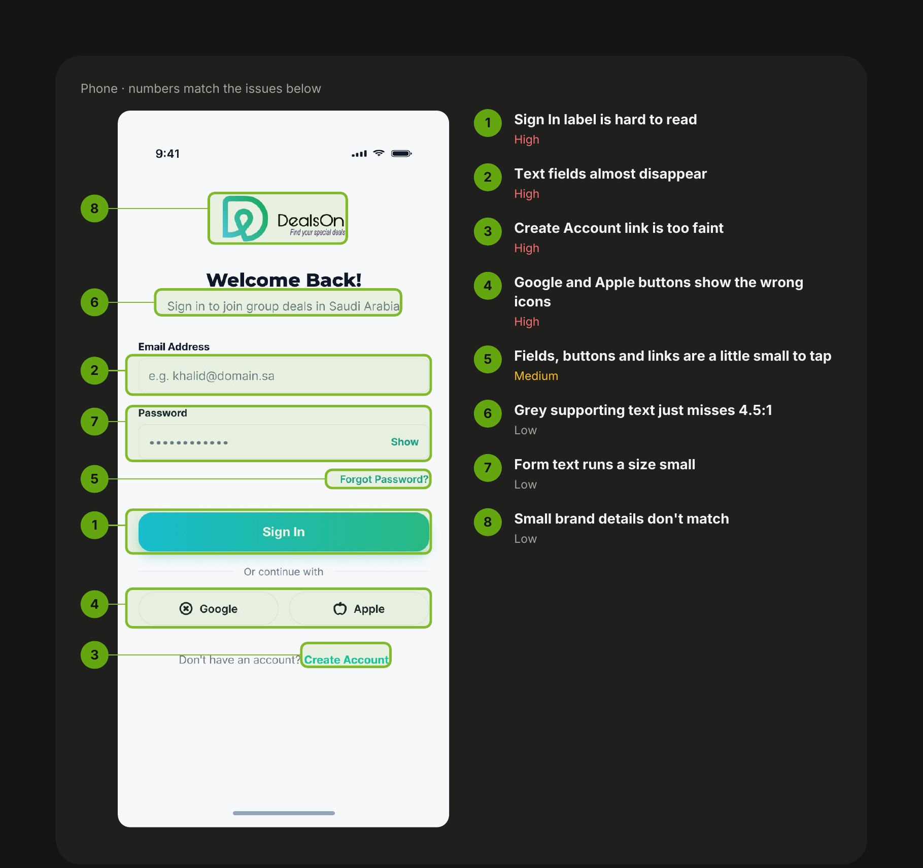 Audit issues numbered directly on the app screen